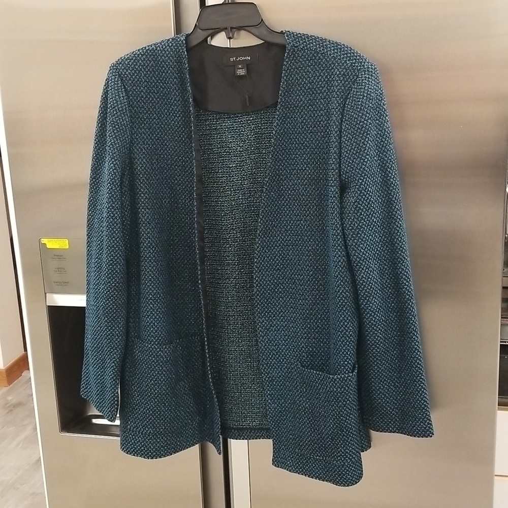 💕ST. JOHN💕 Open Front Basketweave Knit Tweed Boucle Jacket Green Black XL NWT